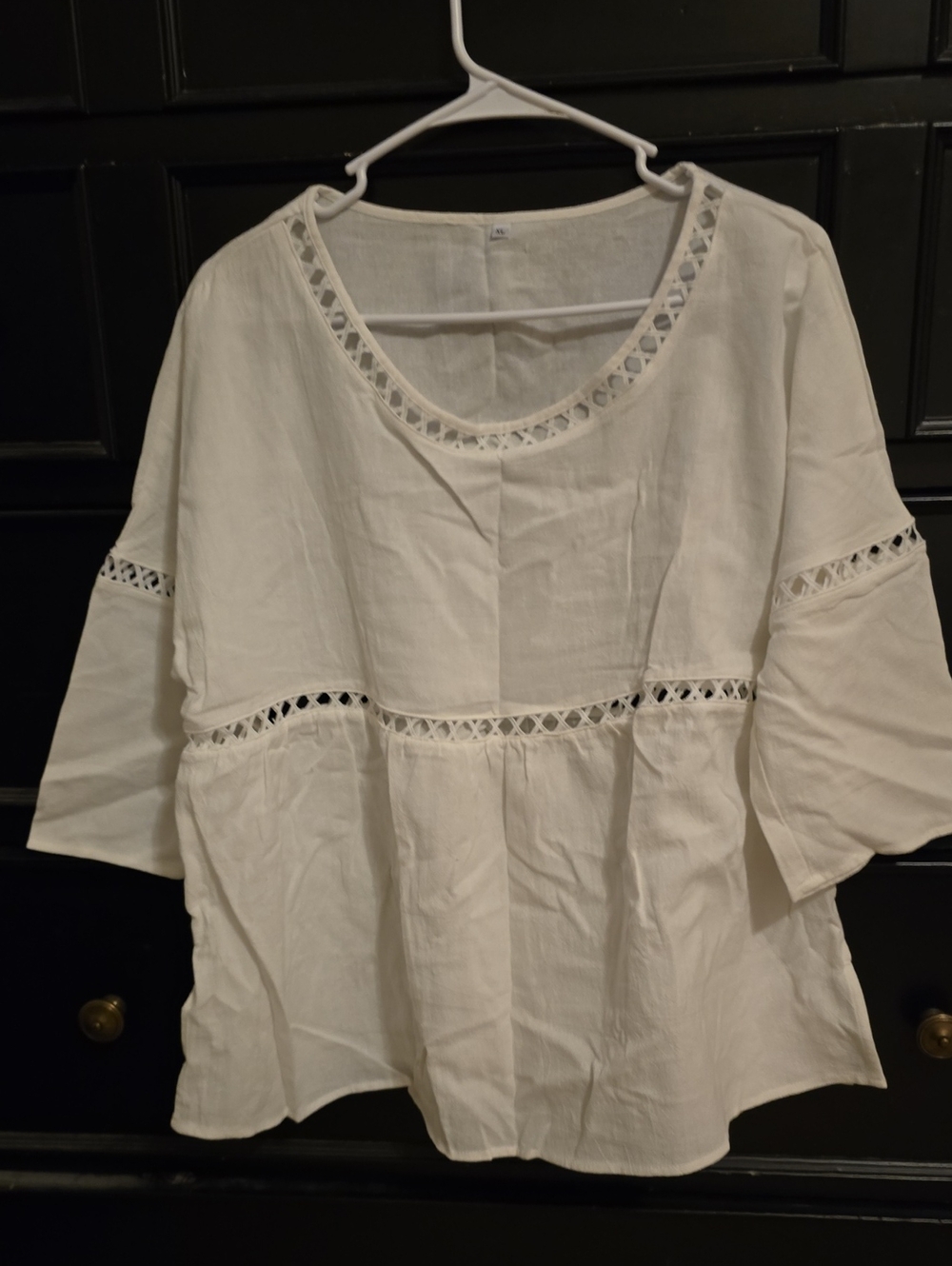 Women's White Peasant Top With Cut Out Details On Bodice, Sleeves, And Neckline